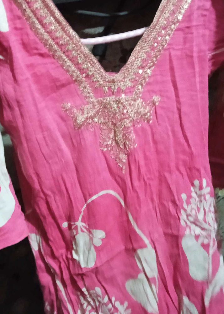 Pink Printed Kurta with Embellished Neckline