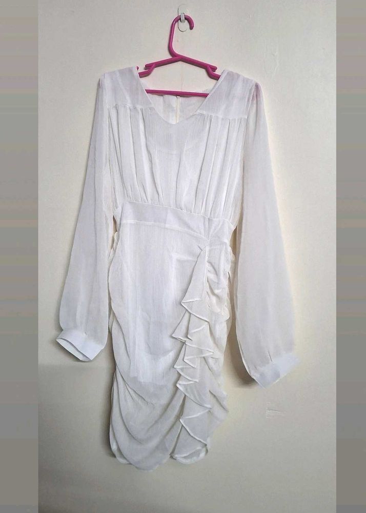 Chic White Ruched Ruffle Dress