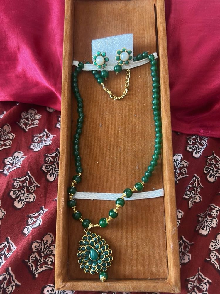 Green Beaded Necklace and Earring Set