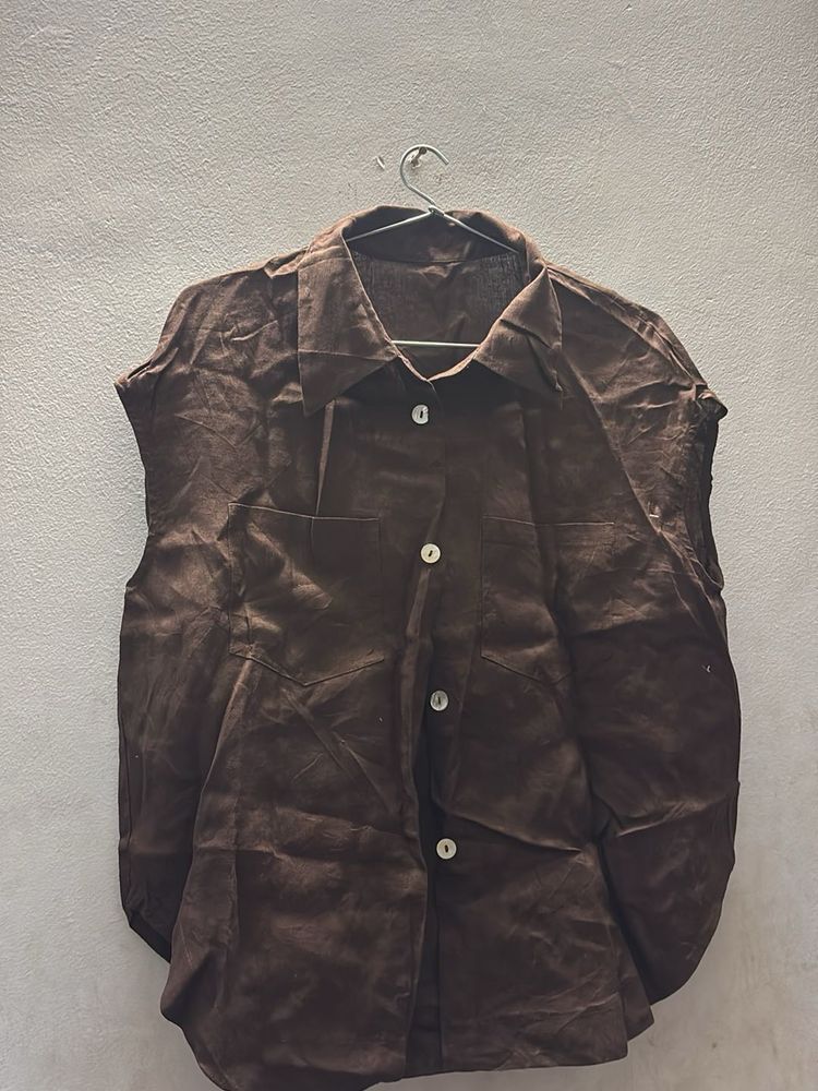 Brown Sleeveless Collared Shirt