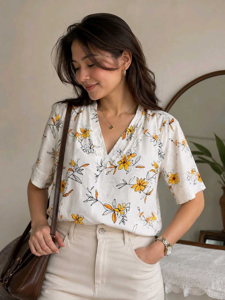 Chic Floral Print V-Neck Top