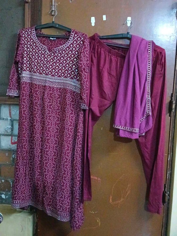 Maroon Printed Kurta Set with Dupatta