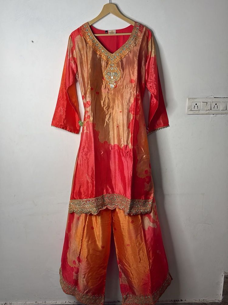 Orange &amp; Red Embroidered Kurta Set
