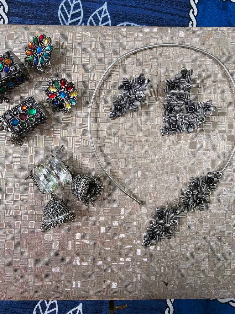 Oxidised Silver Jhumka &amp; Necklace Set