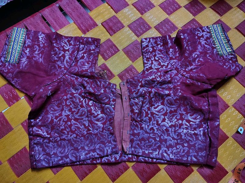 Maroon Brocade Blouse with Embellished Sleeves