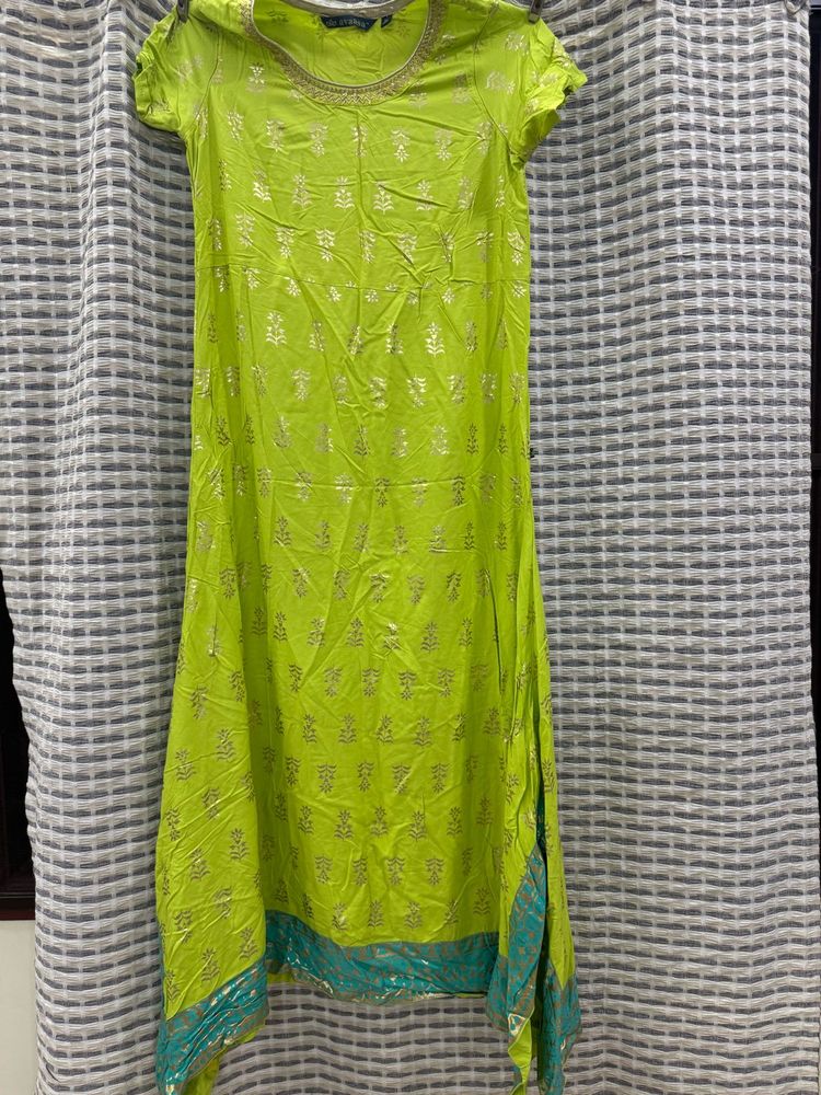 Vibrant Lime Green Kurta with Gold Print