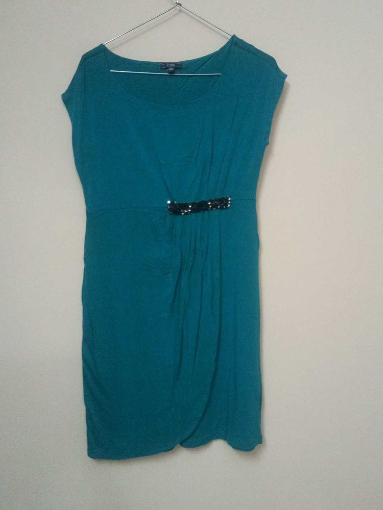 Teal Ruched Dress with Embellished Waist