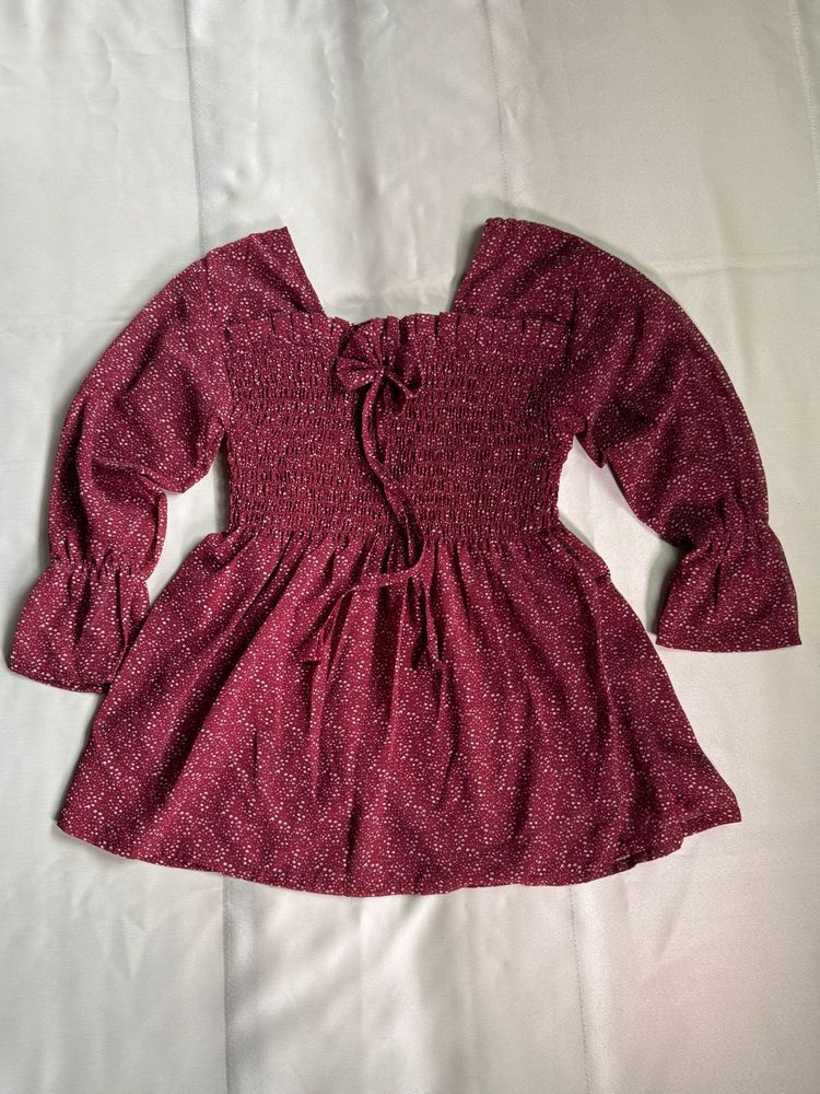 Maroon Floral Smocked Square Neck Top