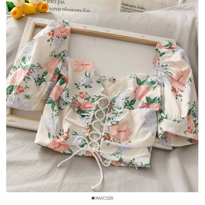 Urbanic New Floral Crop Lace-Up Top