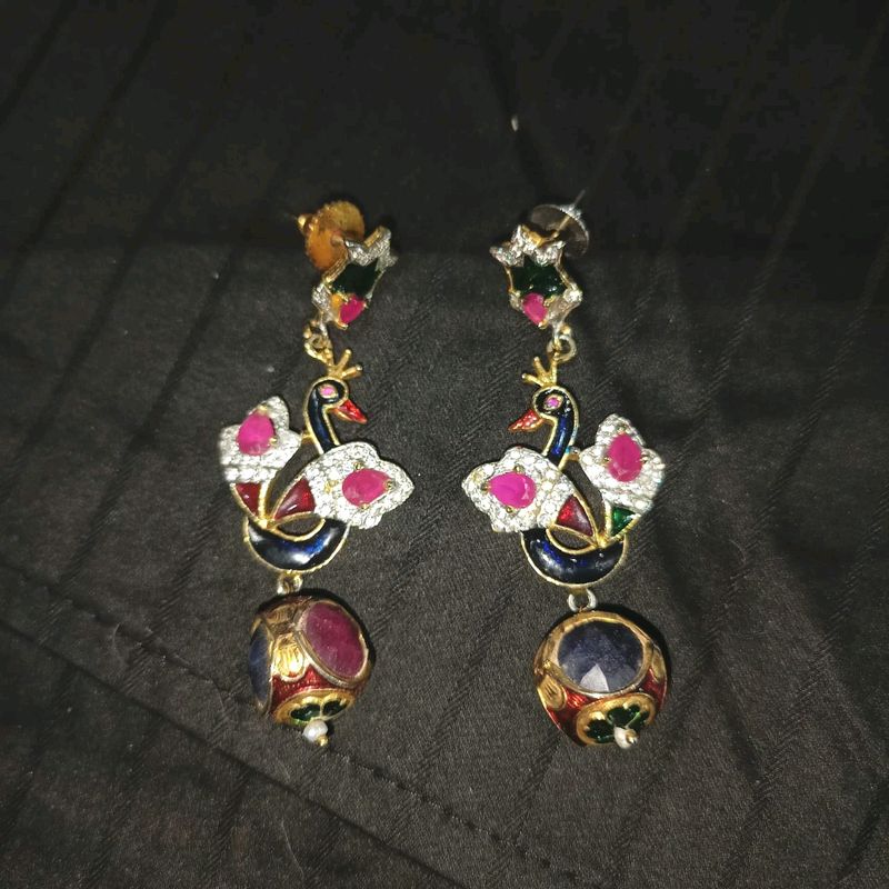 Peacock Golden Earrings Blue Red Green Gemstones