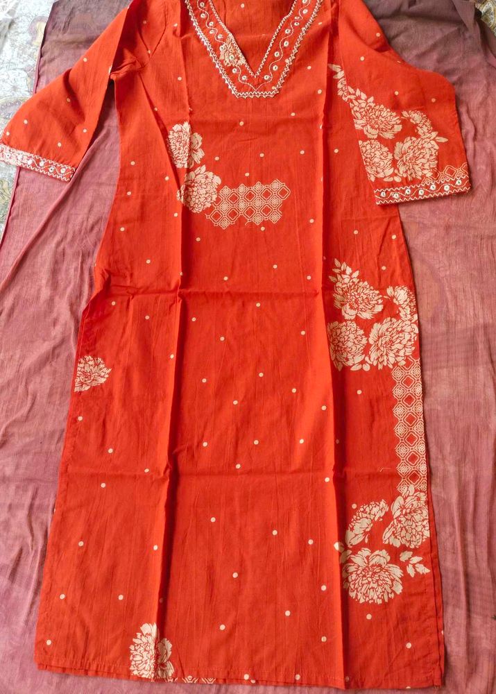 Vibrant Orange Kurta with White Floral Print