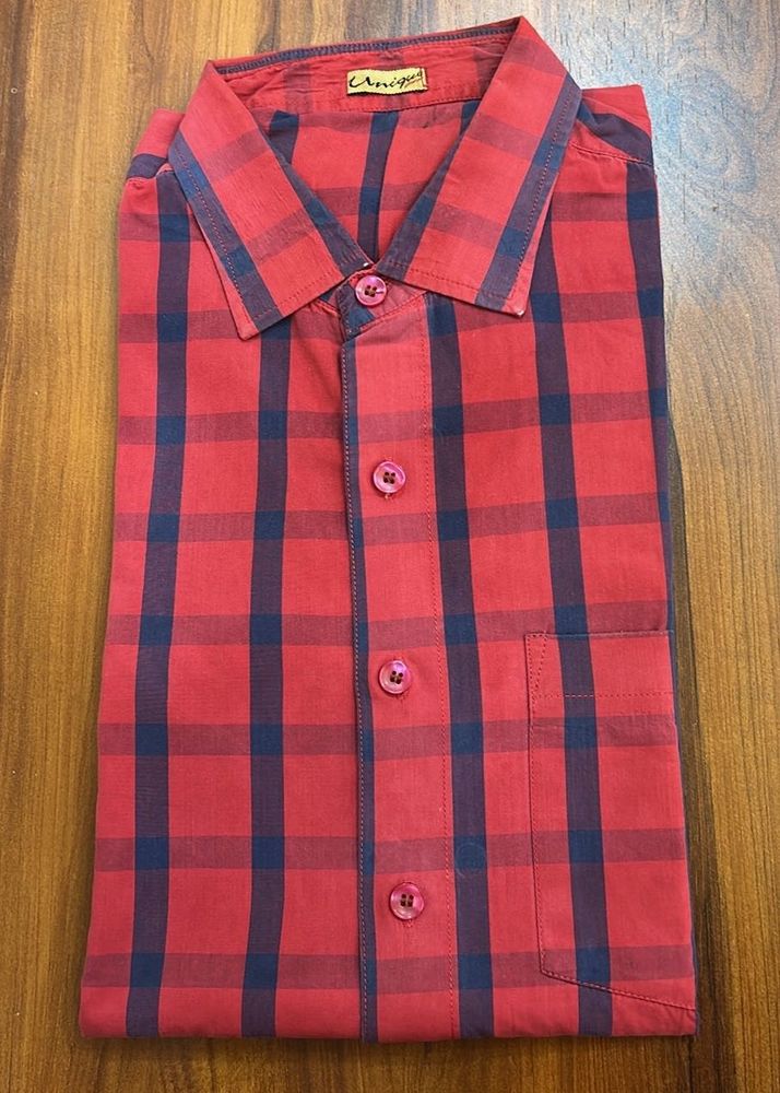 2👔-Men's Red Plaid and denim blueCasual Shirt