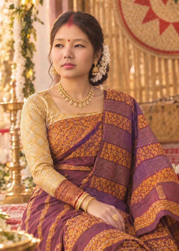 beautiful cotton maroon and golden dokhona set