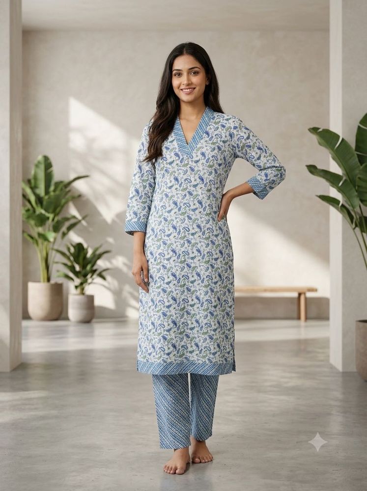 Blue Paisley Print Kurta with Pants Set