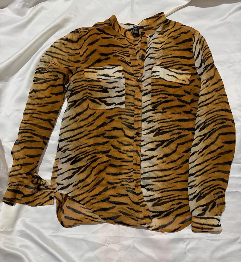 Chic Tiger Print Sheer Button-Up Top