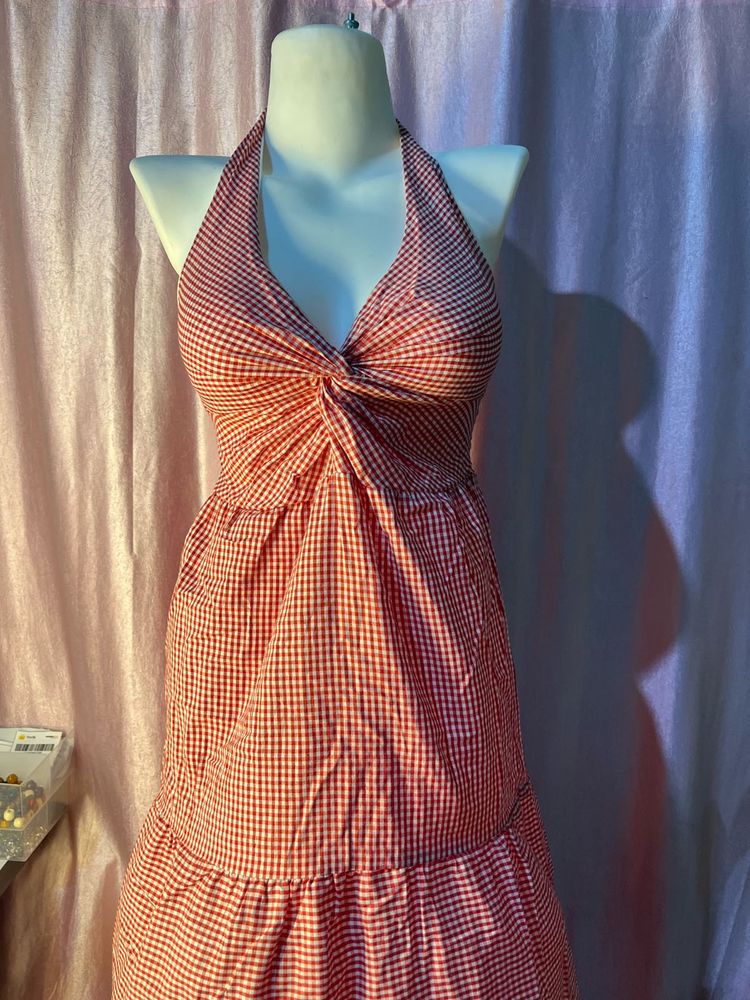 Red Gingham Halter Neck Dress