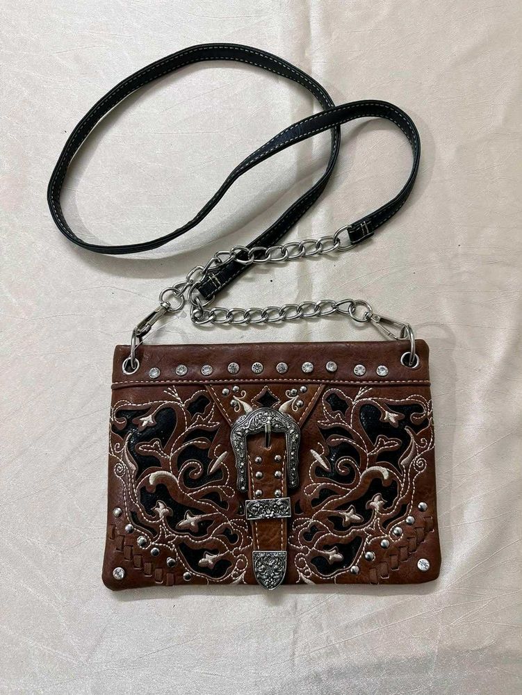 Western Style Embellished Brown Crossbody Bag