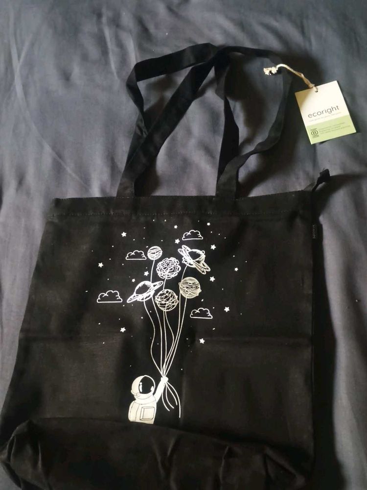 Black Tote Bag with Space Astronaut Design