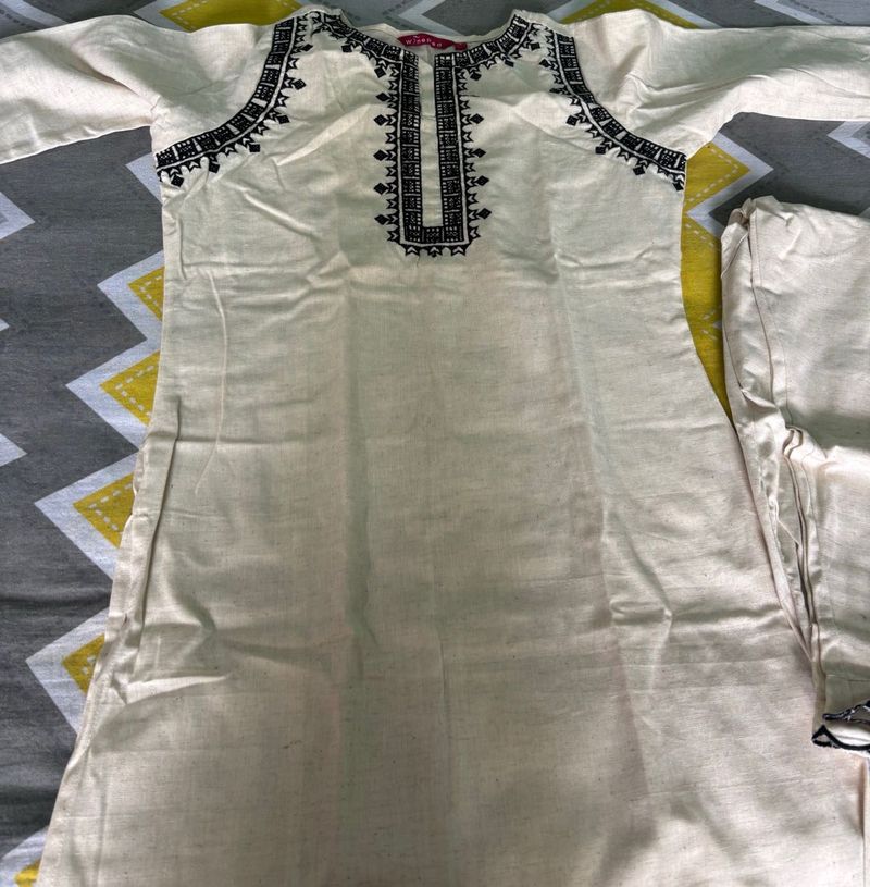 Cream Kurta Set with Black Embroidery