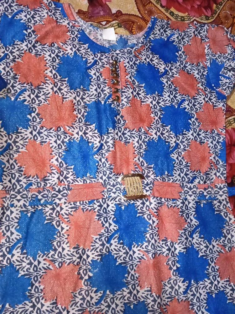 Blue &amp; Pink Leaf Print Frock with pajama