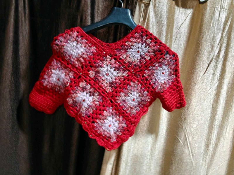 Handmade Crochet Red Floral Poncho Top winters