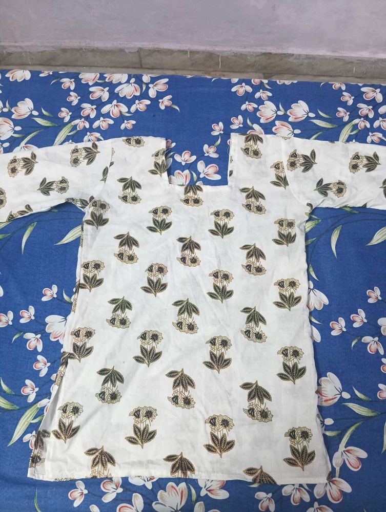 White Printed Cotton Kurta
