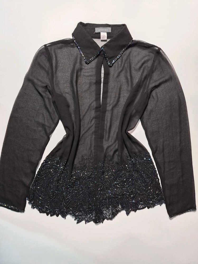 Elegant Black Beaded Sheer Blouse