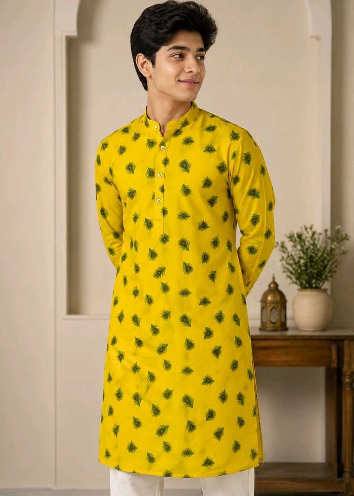 FEATHER PRINT ETHNIC YELLOW KURTA