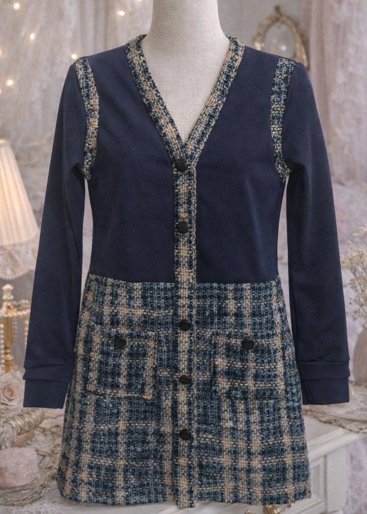 Korean Tweed Trimmed Navy Dress