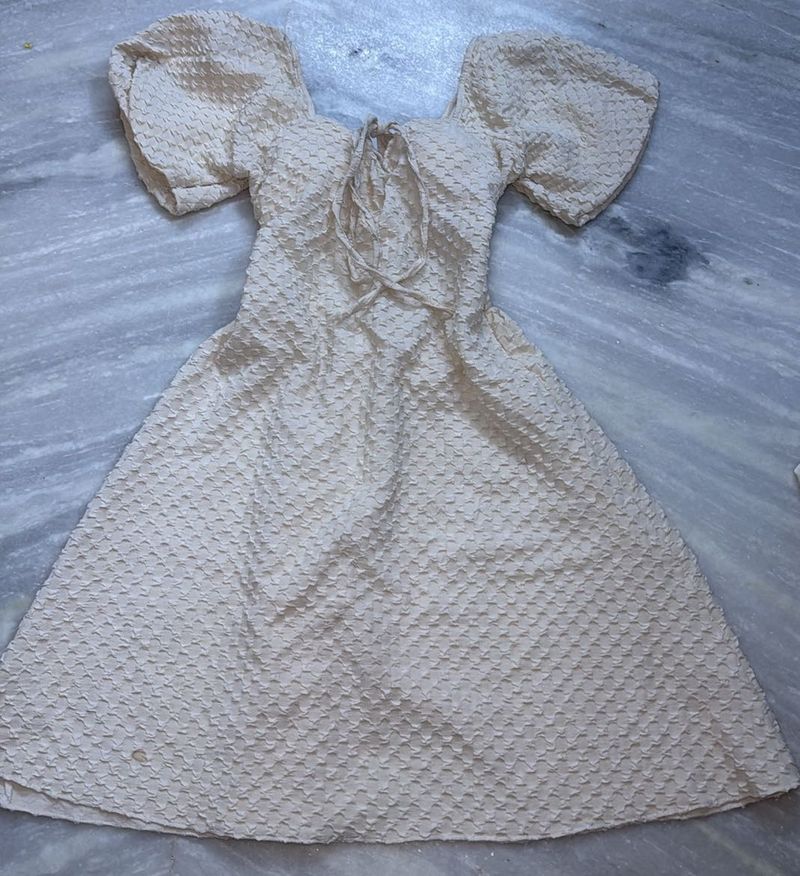 Cream Textured Puff Sleeve Dress