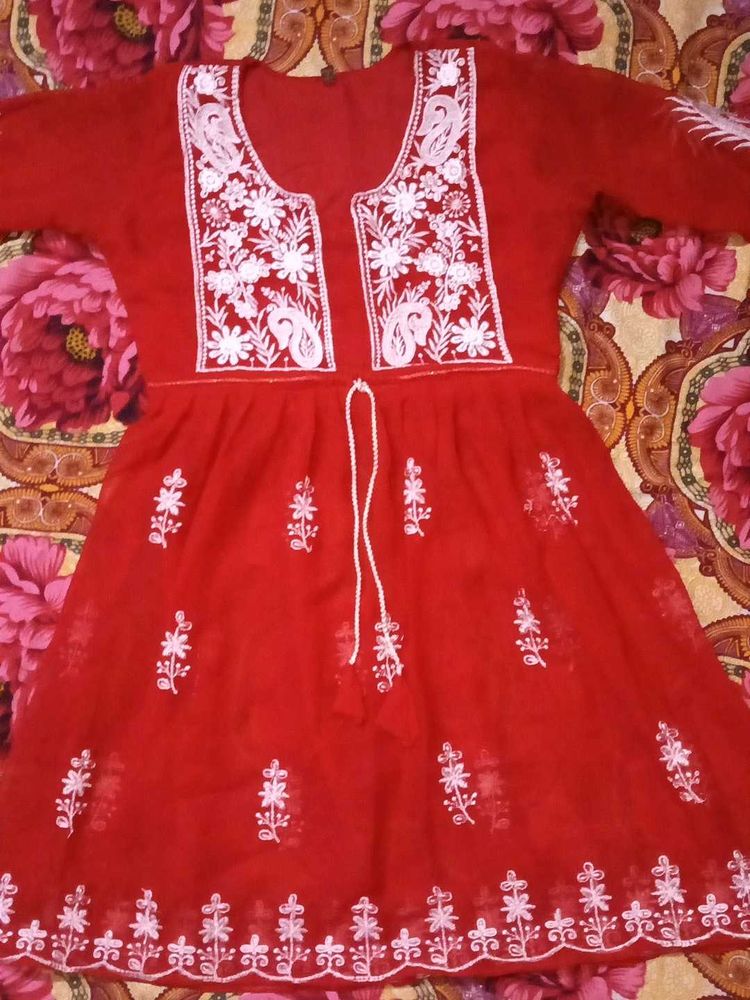 Vibrant Red Embroidered Kurti
