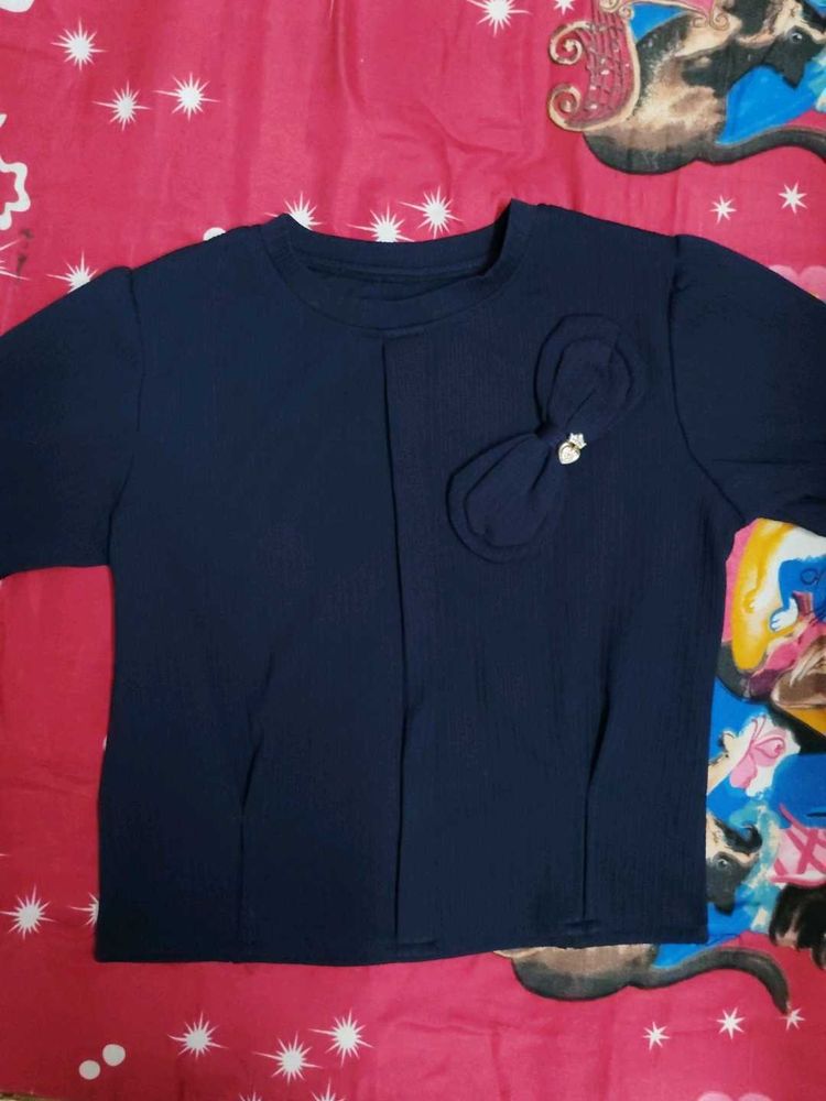 Navy Blue Top with Bow Accent