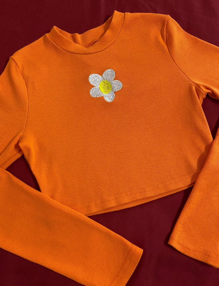 Orange Long Sleeve Cropped Top with Flower Appliqu