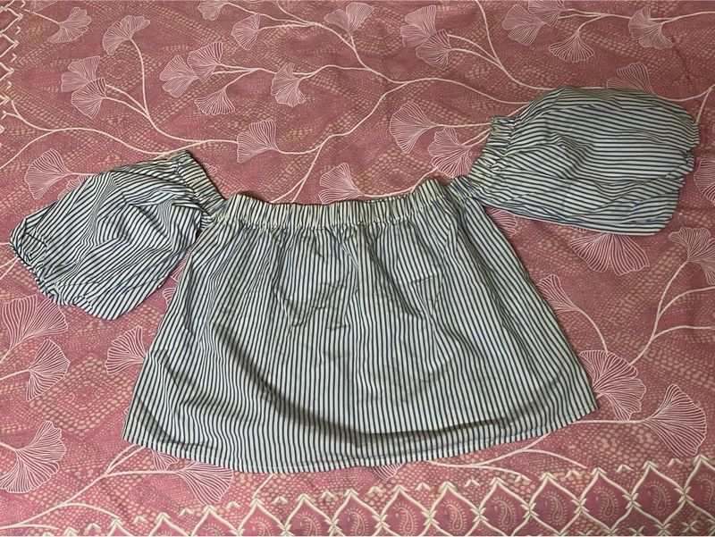 Bershka Striped Puff Sleeves Off Shoulder Top