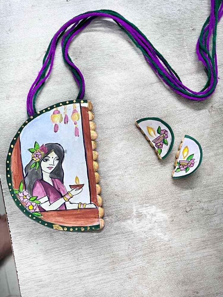 Hand-painted Terracotta Pendant &amp; Earrings Set