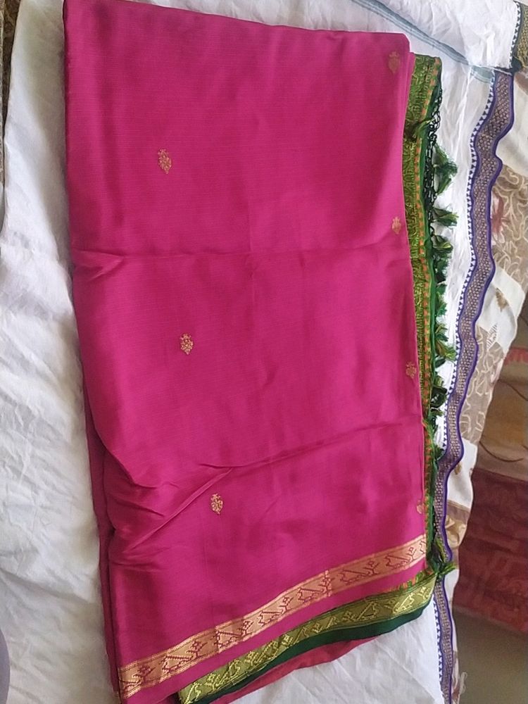 Dark Pink Saree With Green Border