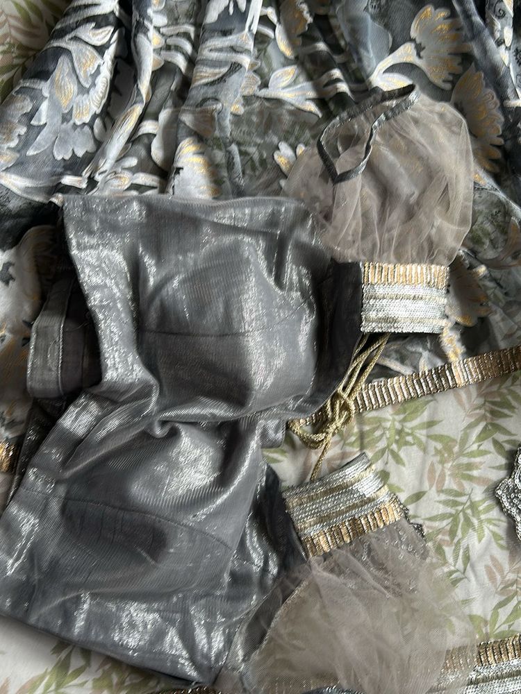 Silver Embellished Party Wear Net &amp; Georget Saree