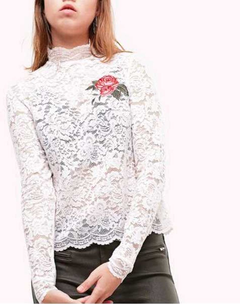 Lace Rose Embroidered Mock Neck Top