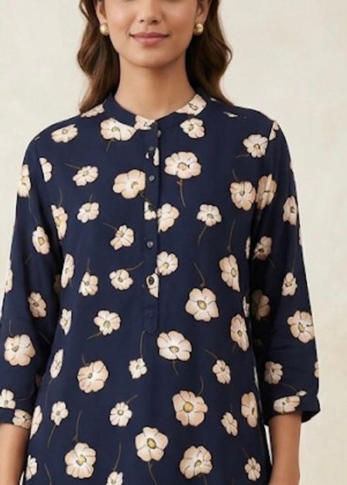 Navy Blue Floral Print Kurta