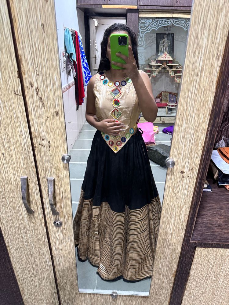 60 lines black chaniya golden mirror work blouse