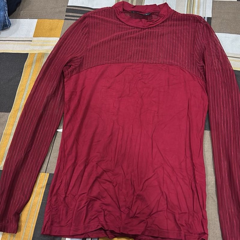 Maroon Ribbed Mock Neck Top