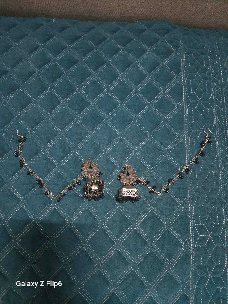 Oxidized Jhumka Earrings with Chain