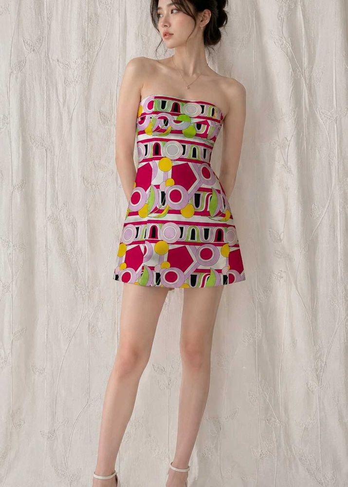 Strapless Geometric Print Mini Dress