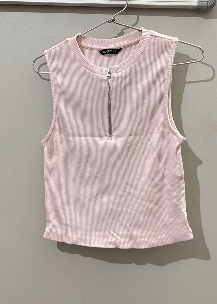Pink Ribbed Zip-Neck Tank Top