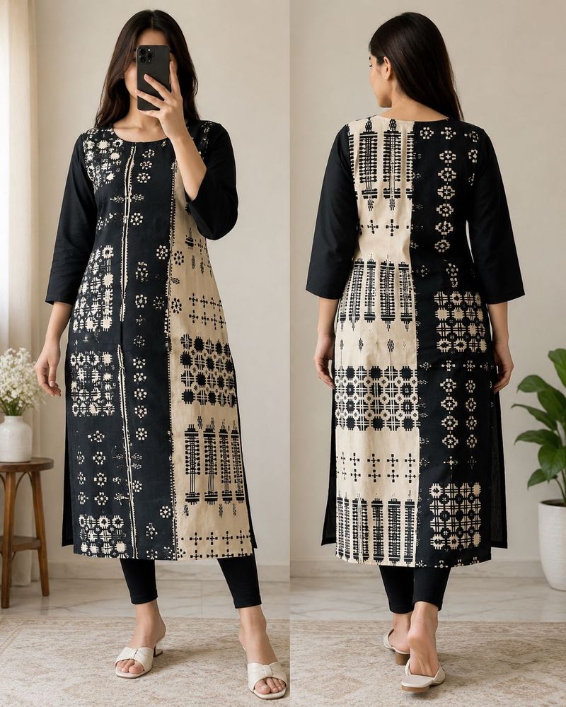 Black &amp; Beige Printed Kurta