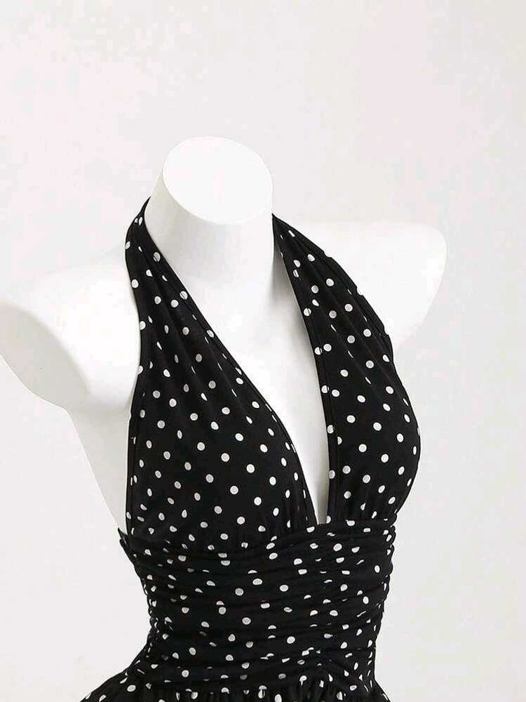 Chic Polka Dot Halter Dress Mini | Plunge Neck