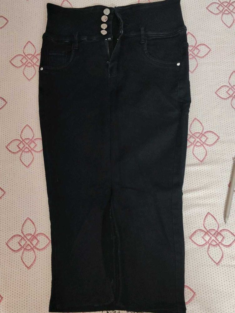 High-Waisted Black Denim Skirt