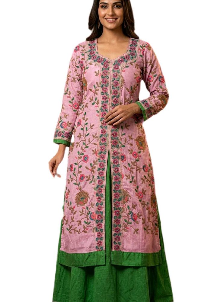 Embroidered Pink Kurta Set with Green Skirt