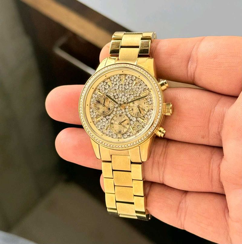 Gold Chronograph Watch with Rhinestones