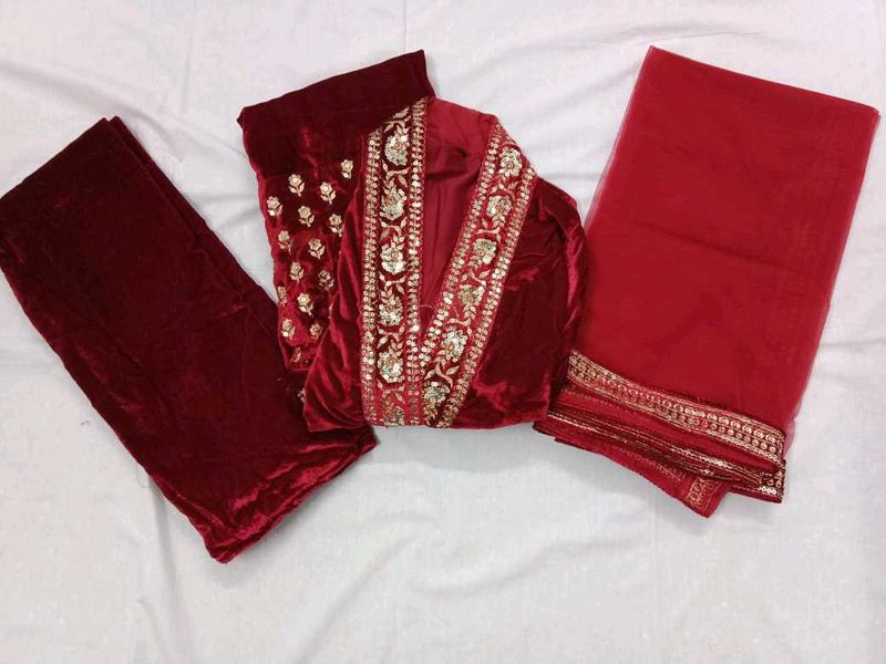 Red Velvet Embroidered Salwar Suit